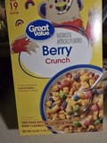 Great Value Sweetened naturally and artificially berry crunch flavored corn and oat cereal, berry