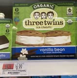 Three Twins Ice Cream Vanilla bean ice cream sandwiched between chocolate chip cookies, vanilla bean